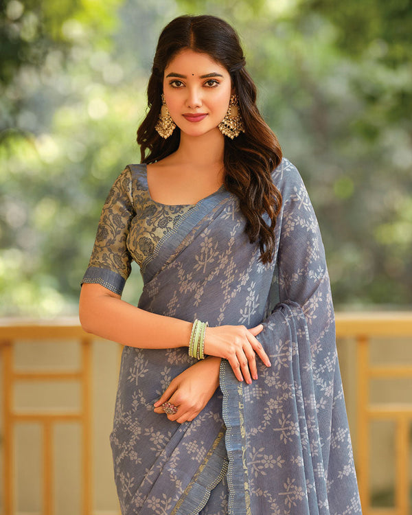 Vishal Prints Purplish Grey Printed Brasso Saree With Fancy Cut Work Border