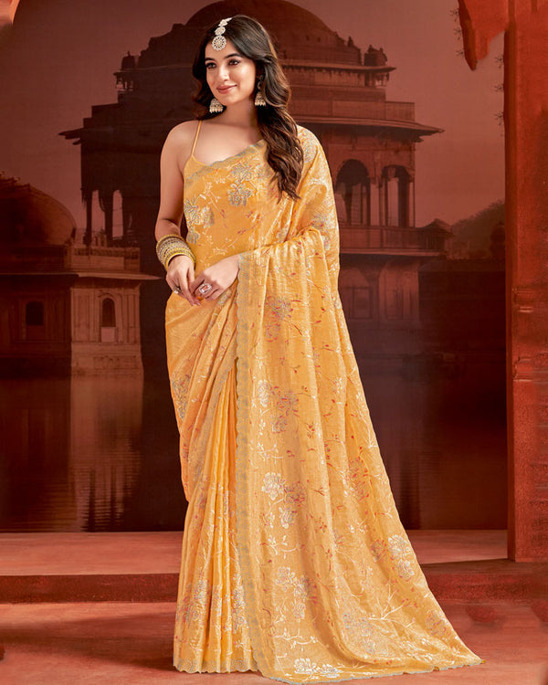 Vishal Prints Pastel Orange Designer Fancy Satin Saree With Embroidery Work And Cut Work Fancy Border
