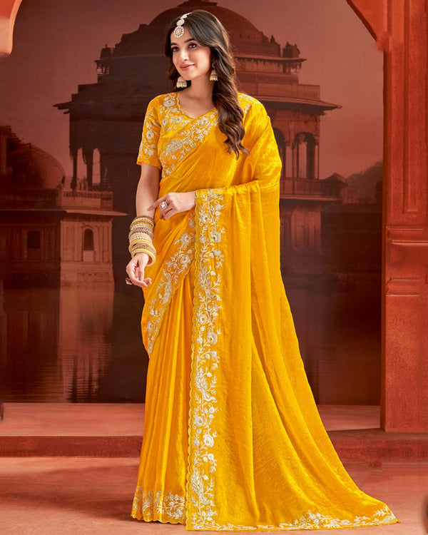 Vishal Prints Dark Yellow Designer Fancy Satin Saree With Embroidery Work And Cut Work Fancy Border