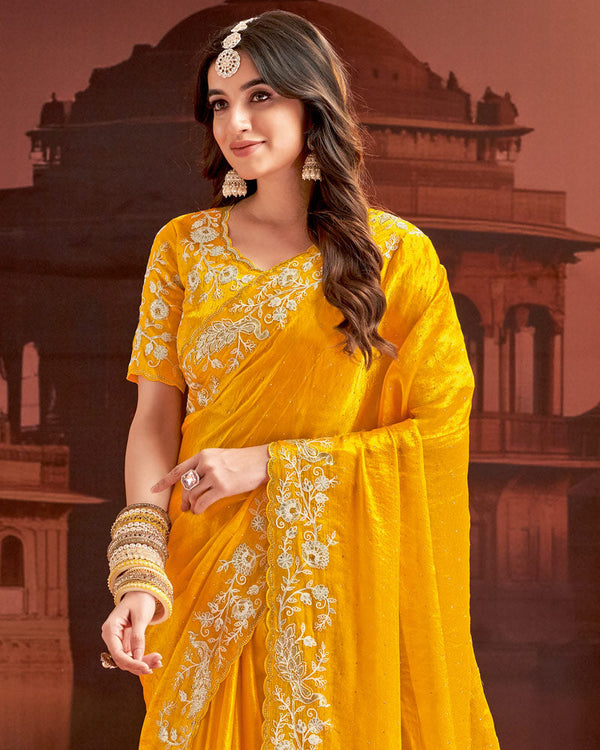 Vishal Prints Dark Yellow Designer Fancy Satin Saree With Embroidery Work And Cut Work Fancy Border