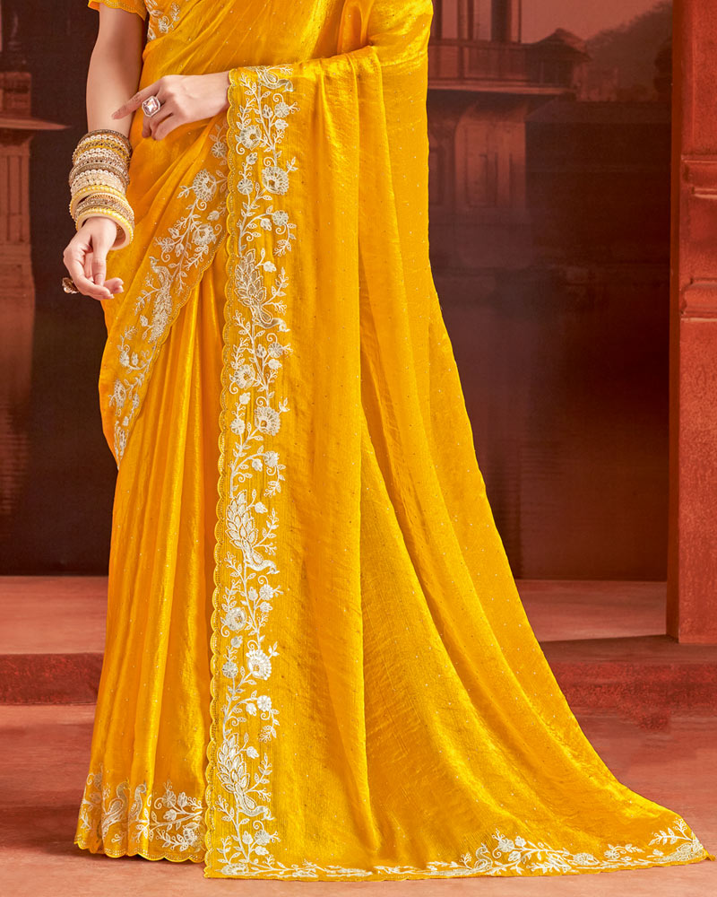 Vishal Prints Dark Yellow Designer Fancy Satin Saree With Embroidery Work And Cut Work Fancy Border
