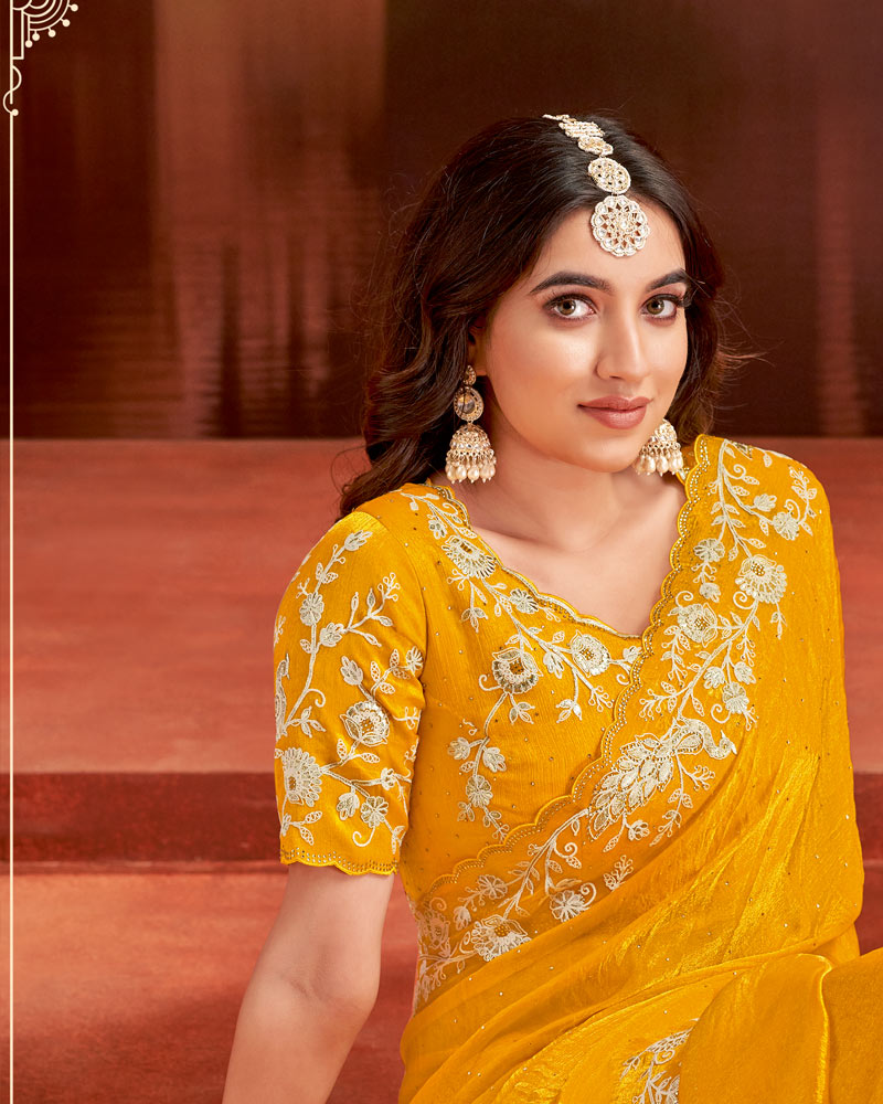 Vishal Prints Dark Yellow Designer Fancy Satin Saree With Embroidery Work And Cut Work Fancy Border