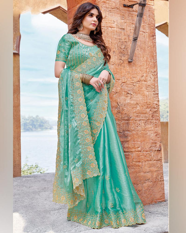 Vishal Prints Persian Green Designer Crushed Satin Saree With Embroidery-Diamond Work And Fancy Cut Work Border