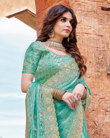 Vishal Prints Persian Green Designer Crushed Satin Saree With Embroidery-Diamond Work And Fancy Cut Work Border