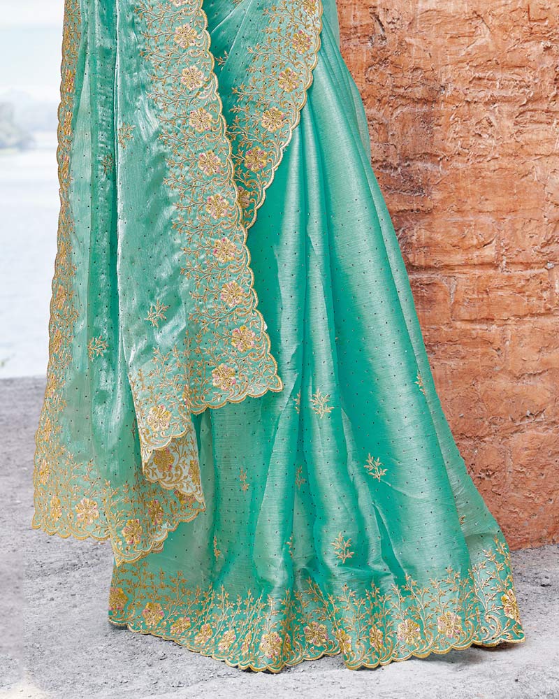Vishal Prints Persian Green Designer Crushed Satin Saree With Embroidery-Diamond Work And Fancy Cut Work Border