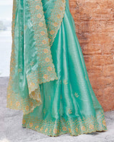 Vishal Prints Persian Green Designer Crushed Satin Saree With Embroidery-Diamond Work And Fancy Cut Work Border