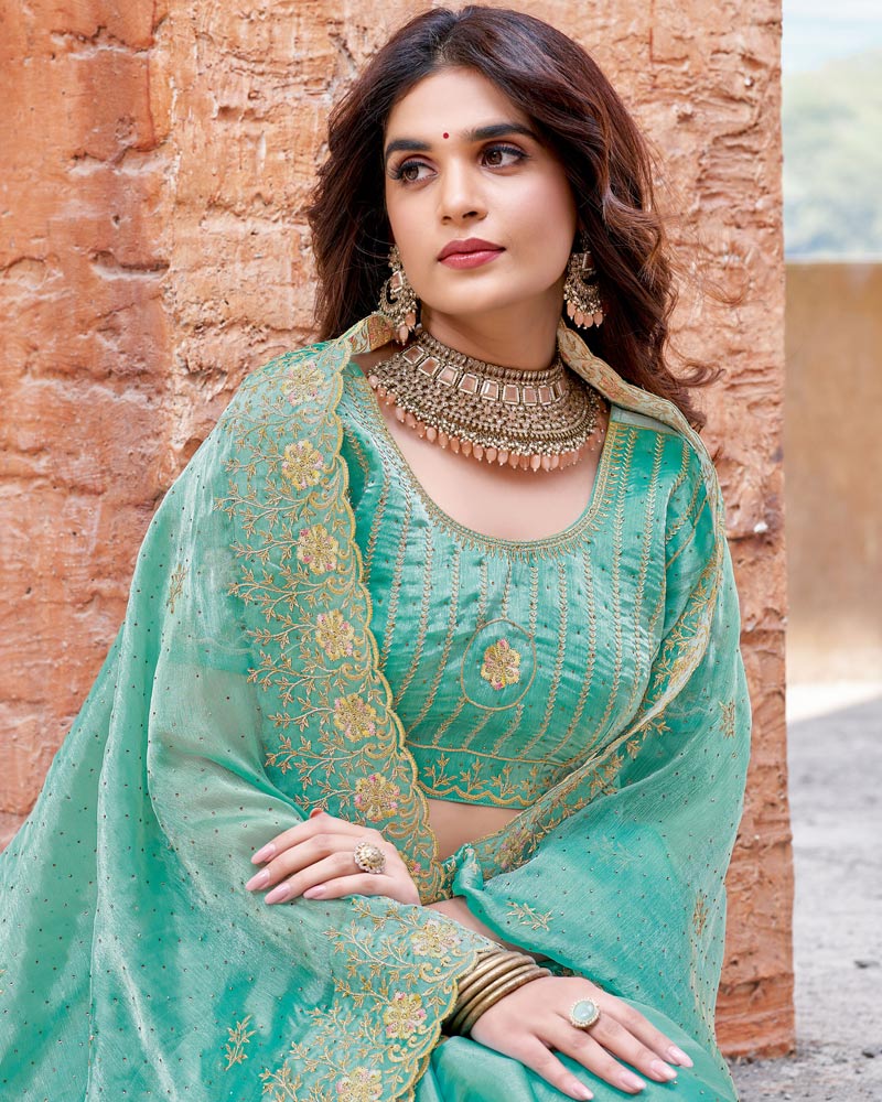Vishal Prints Persian Green Designer Crushed Satin Saree With Embroidery-Diamond Work And Fancy Cut Work Border