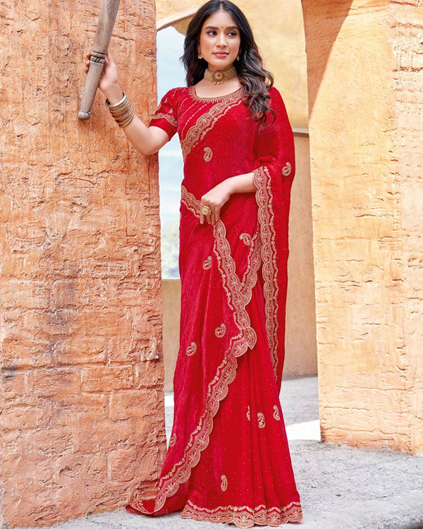 Vishal Prints Lipstick Red Designer Crushed Satin Saree With Embroidery-Diamond Work And Fancy Cut Work Border