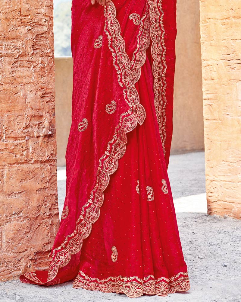 Vishal Prints Lipstick Red Designer Crushed Satin Saree With Embroidery-Diamond Work And Fancy Cut Work Border