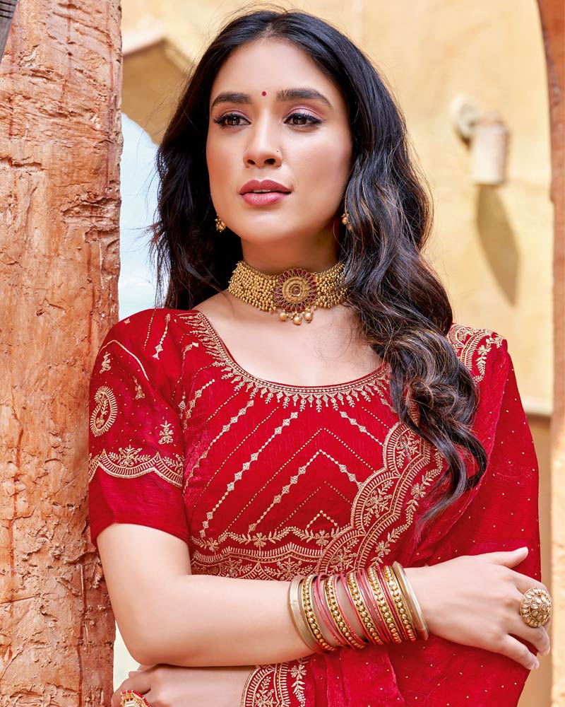 Vishal Prints Lipstick Red Designer Crushed Satin Saree With Embroidery-Diamond Work And Fancy Cut Work Border