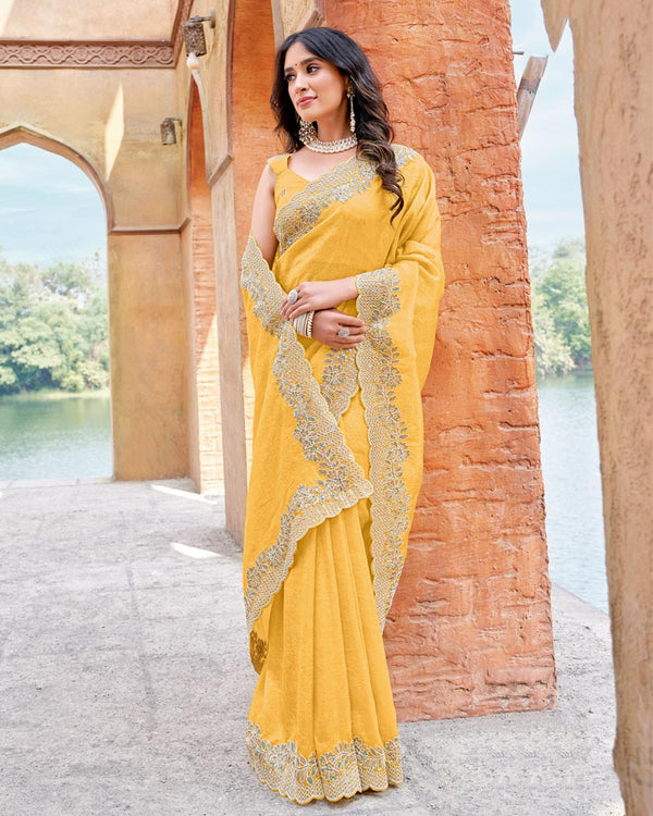 Vishal Prints Light Yellow Designer Crushed Satin Saree With Embroidery-Diamond Work And Fancy Cut Work Border