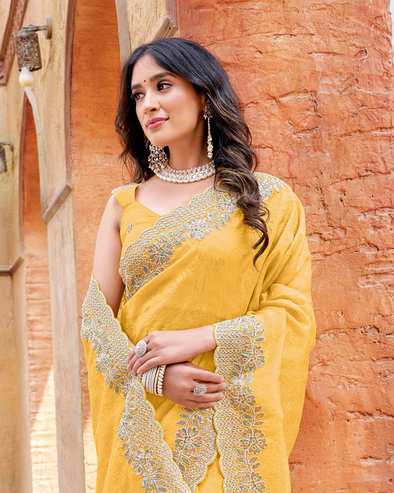 Vishal Prints Light Yellow Designer Crushed Satin Saree With Embroidery-Diamond Work And Fancy Cut Work Border
