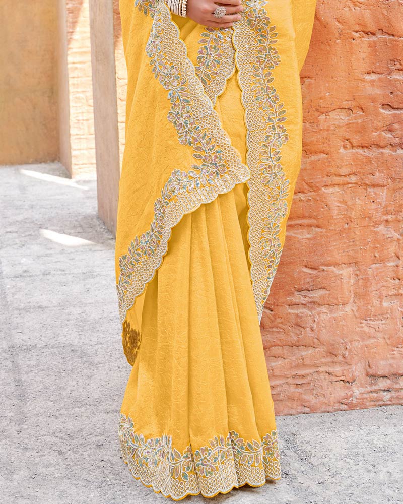 Vishal Prints Light Yellow Designer Crushed Satin Saree With Embroidery-Diamond Work And Fancy Cut Work Border
