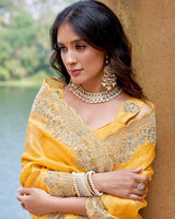 Vishal Prints Light Yellow Designer Crushed Satin Saree With Embroidery-Diamond Work And Fancy Cut Work Border