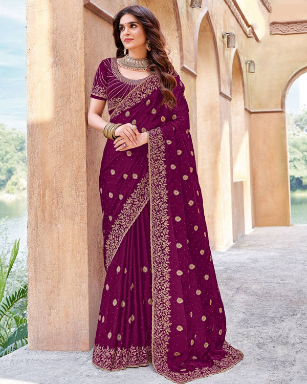 Vishal Prints Dark Magenta Designer Crushed Satin Saree With Embroidery-Diamond Work And Fancy Cut Work Border
