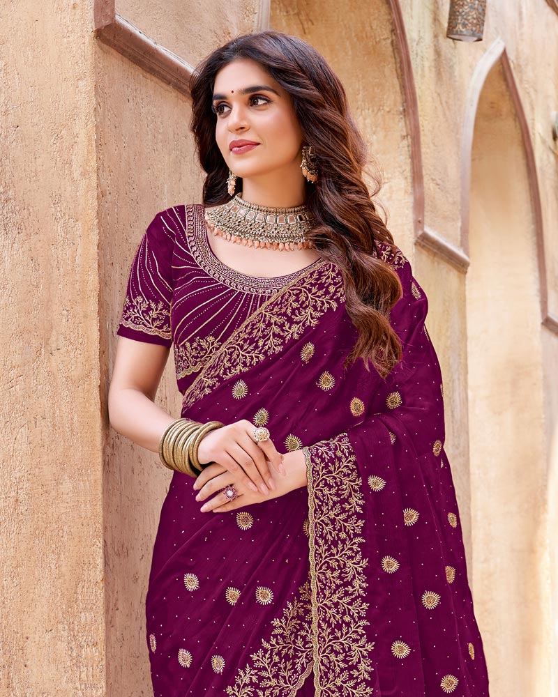 Vishal Prints Dark Magenta Designer Crushed Satin Saree With Embroidery-Diamond Work And Fancy Cut Work Border