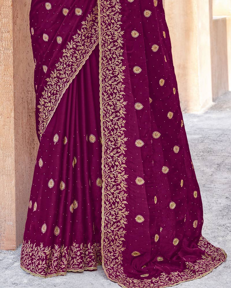 Vishal Prints Dark Magenta Designer Crushed Satin Saree With Embroidery-Diamond Work And Fancy Cut Work Border