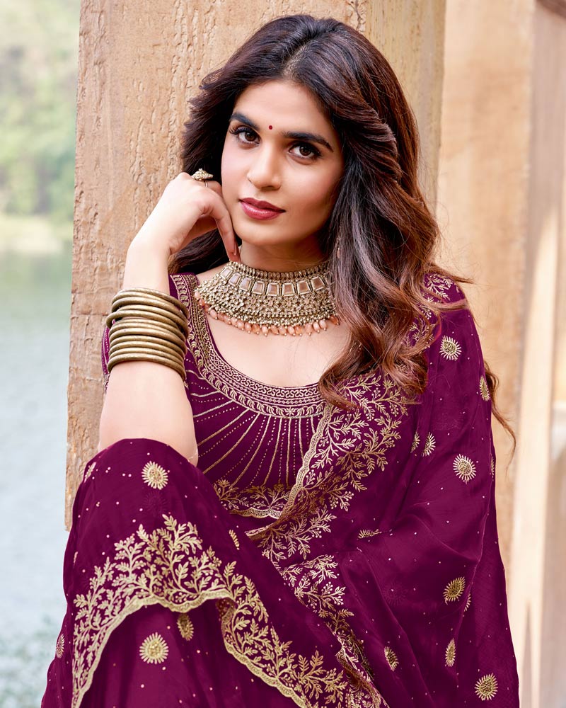 Vishal Prints Dark Magenta Designer Crushed Satin Saree With Embroidery-Diamond Work And Fancy Cut Work Border