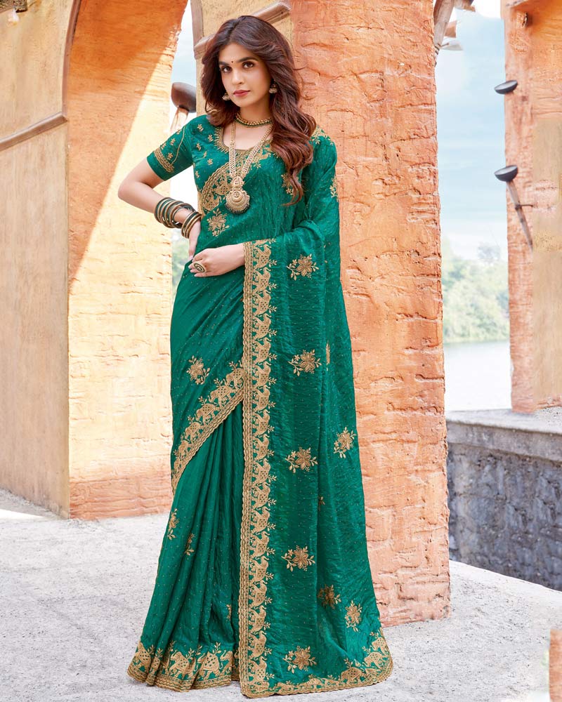 Vishal Prints Sherpa Green Designer Crushed Satin Saree With Embroidery-Diamond Work And Fancy Cut Work Border