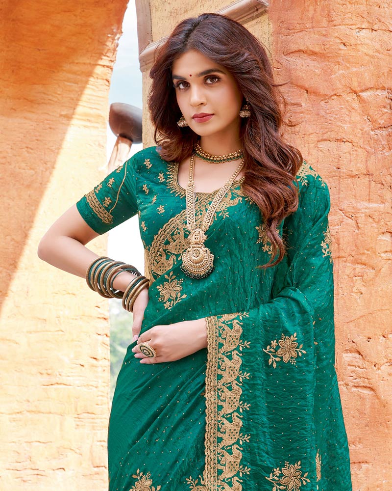 Vishal Prints Sherpa Green Designer Crushed Satin Saree With Embroidery-Diamond Work And Fancy Cut Work Border