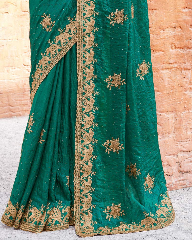 Vishal Prints Sherpa Green Designer Crushed Satin Saree With Embroidery-Diamond Work And Fancy Cut Work Border