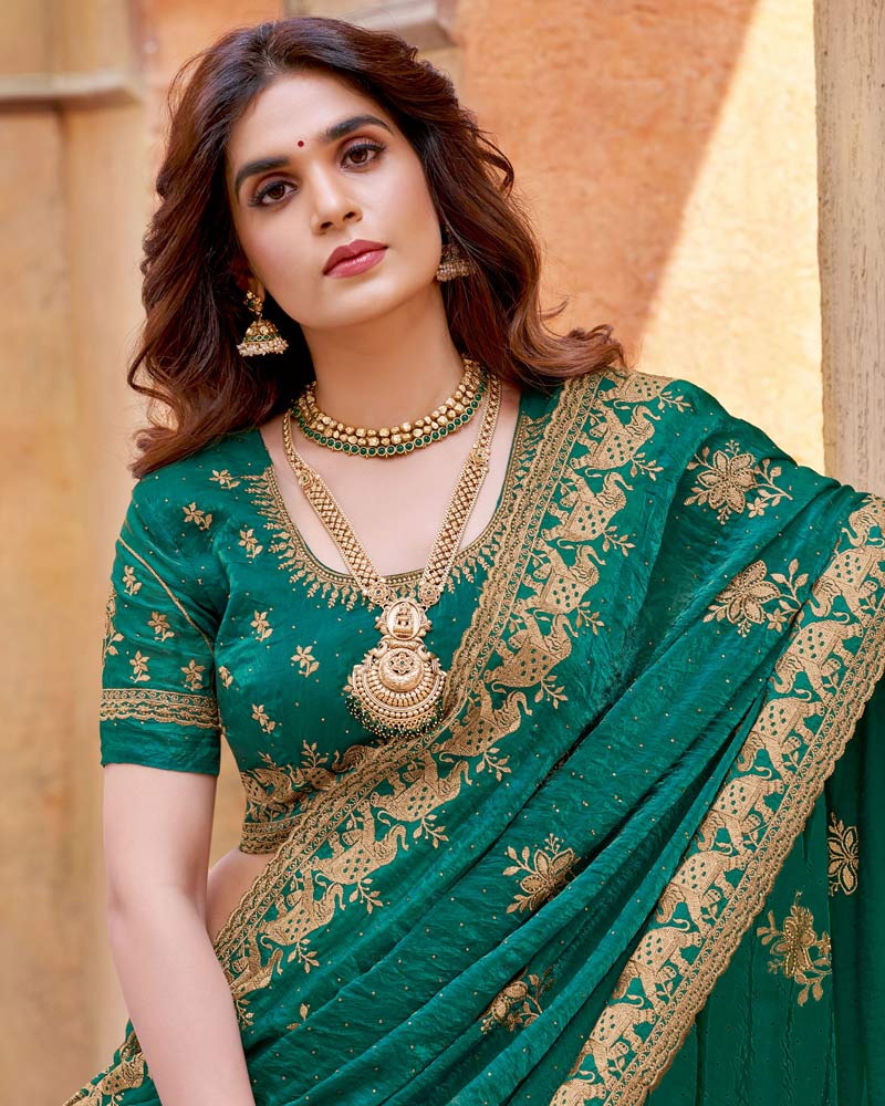 Vishal Prints Sherpa Green Designer Crushed Satin Saree With Embroidery-Diamond Work And Fancy Cut Work Border