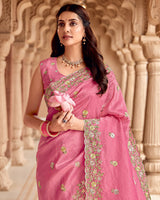 Vishal Prints Rose Pink Designer Crushed Tissue Saree With Embroidery-Diamond Work And Fancy Cut Work Border