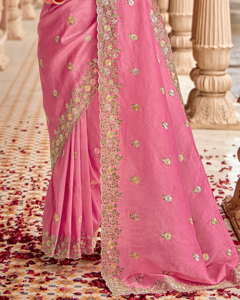 Vishal Prints Rose Pink Designer Crushed Tissue Saree With Embroidery-Diamond Work And Fancy Cut Work Border