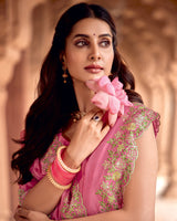 Vishal Prints Rose Pink Designer Crushed Tissue Saree With Embroidery-Diamond Work And Fancy Cut Work Border