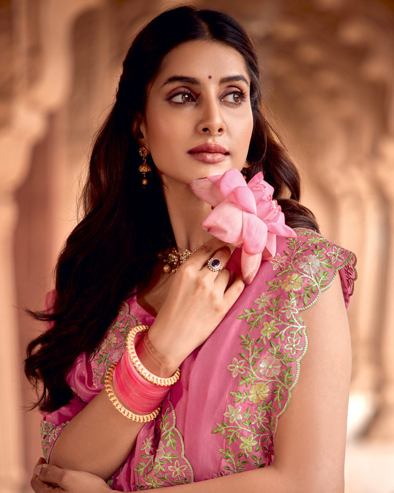 Vishal Prints Rose Pink Designer Crushed Tissue Saree With Embroidery-Diamond Work And Fancy Cut Work Border