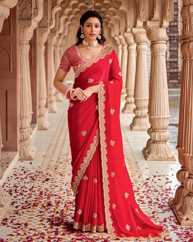 Vishal Prints Lava Red Designer Fancy Satin Saree With Embroidery-Diamond Work And Fancy Cut Work Border