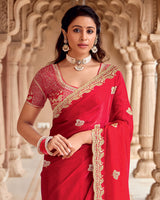Vishal Prints Lava Red Designer Fancy Satin Saree With Embroidery-Diamond Work And Fancy Cut Work Border