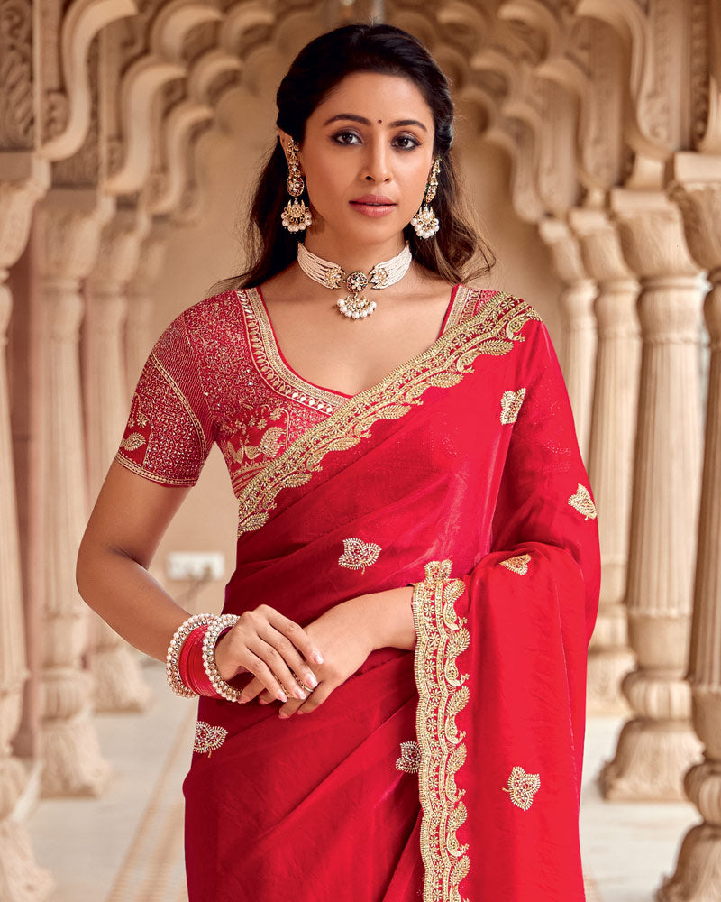 Vishal Prints Lava Red Designer Fancy Satin Saree With Embroidery-Diamond Work And Fancy Cut Work Border
