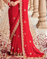 Vishal Prints Lava Red Designer Fancy Satin Saree With Embroidery-Diamond Work And Fancy Cut Work Border