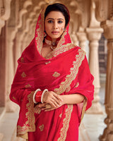 Vishal Prints Lava Red Designer Fancy Satin Saree With Embroidery-Diamond Work And Fancy Cut Work Border
