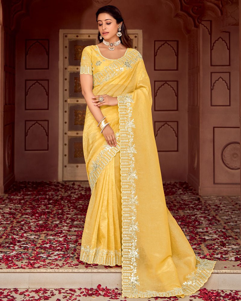 Vishal Prints Pastel Yellow Designer Crushed Tissue Saree With Embroidery-Diamond Work And Fancy Cut Work Border