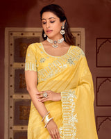 Vishal Prints Pastel Yellow Designer Crushed Tissue Saree With Embroidery-Diamond Work And Fancy Cut Work Border