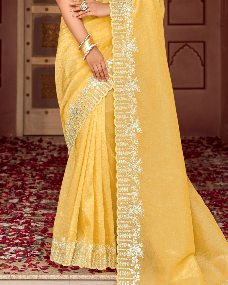 Vishal Prints Pastel Yellow Designer Crushed Tissue Saree With Embroidery-Diamond Work And Fancy Cut Work Border