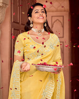 Vishal Prints Pastel Yellow Designer Crushed Tissue Saree With Embroidery-Diamond Work And Fancy Cut Work Border