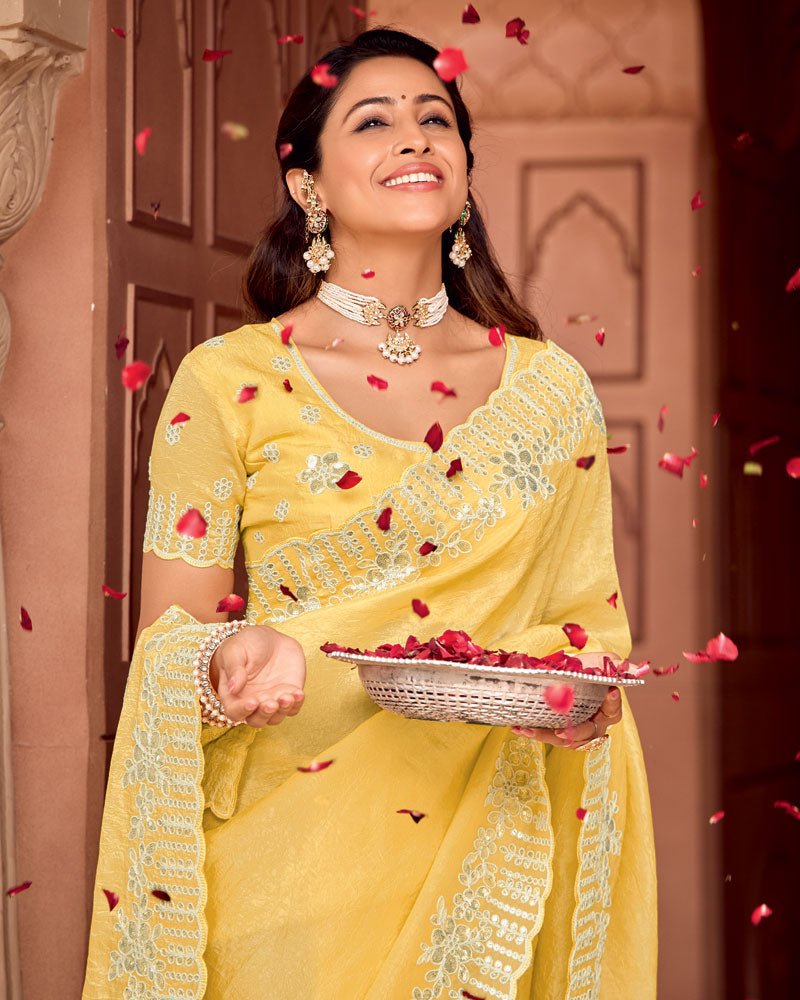 Vishal Prints Pastel Yellow Designer Crushed Tissue Saree With Embroidery-Diamond Work And Fancy Cut Work Border