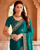 Vishal Prints Rama Green Designer Fancy Satin Saree With Embroidery-Diamond Work And Fancy Cut Work Border