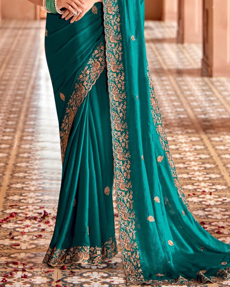 Vishal Prints Rama Green Designer Fancy Satin Saree With Embroidery-Diamond Work And Fancy Cut Work Border