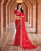 Vishal Prints Venetian Red Designer Fancy Satin Saree With Embroidery-Diamond Work And Fancy Cut Work Border