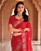 Vishal Prints Venetian Red Designer Fancy Satin Saree With Embroidery-Diamond Work And Fancy Cut Work Border