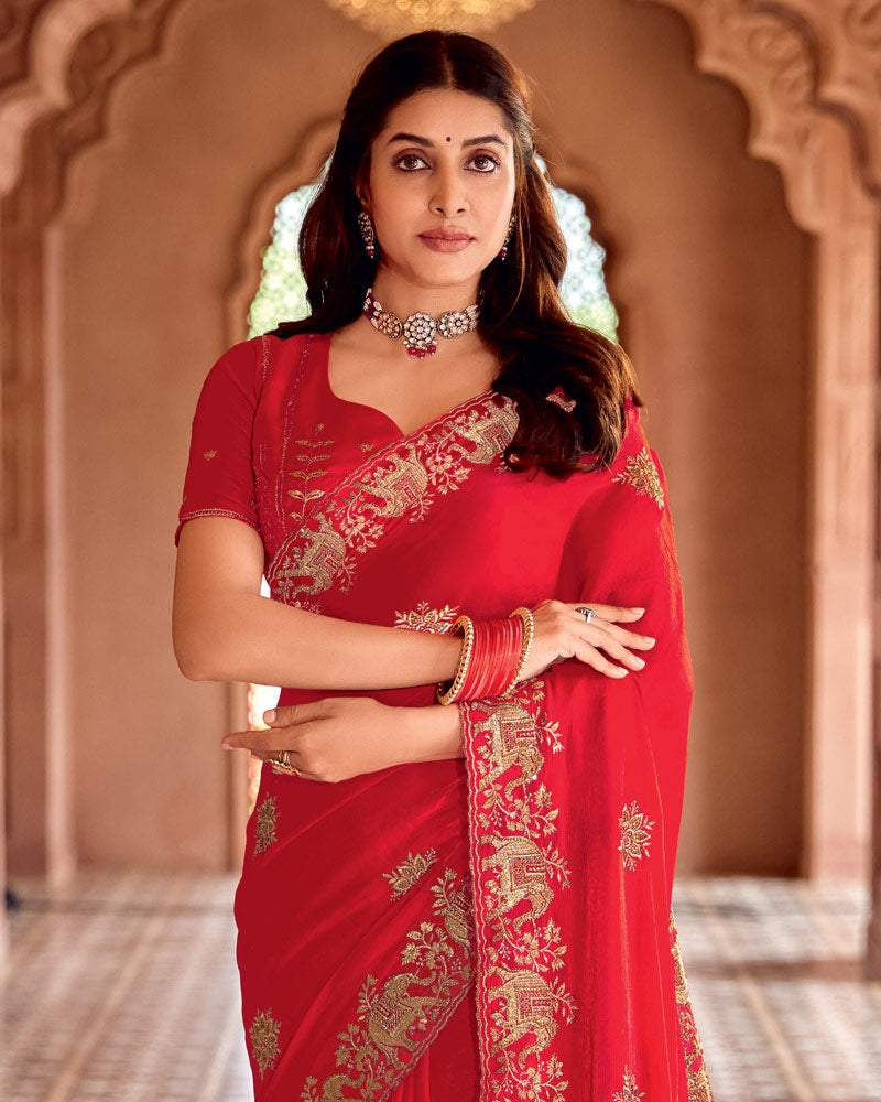 Vishal Prints Venetian Red Designer Fancy Satin Saree With Embroidery-Diamond Work And Fancy Cut Work Border