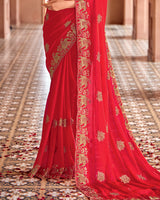 Vishal Prints Venetian Red Designer Fancy Satin Saree With Embroidery-Diamond Work And Fancy Cut Work Border