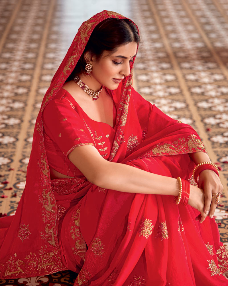Vishal Prints Venetian Red Designer Fancy Satin Saree With Embroidery-Diamond Work And Fancy Cut Work Border