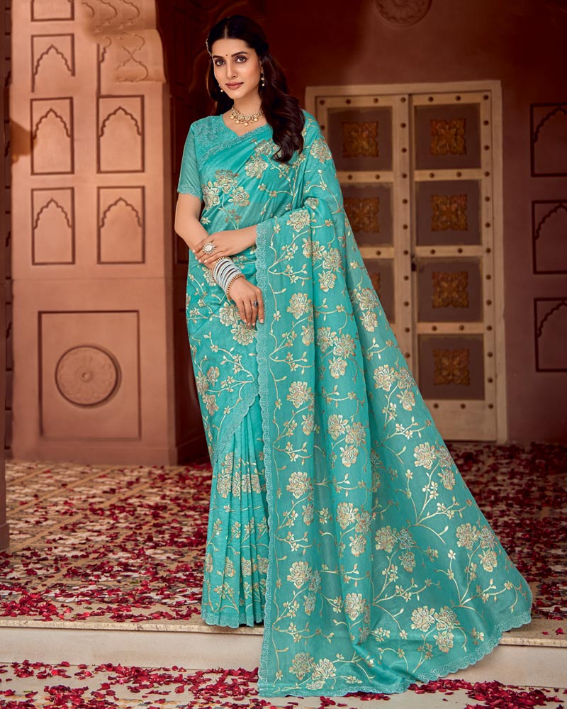 Vishal Prints Persian Green Designer Crushed Tissue Saree With Embroidery-Diamond Work And Fancy Cut Work Border