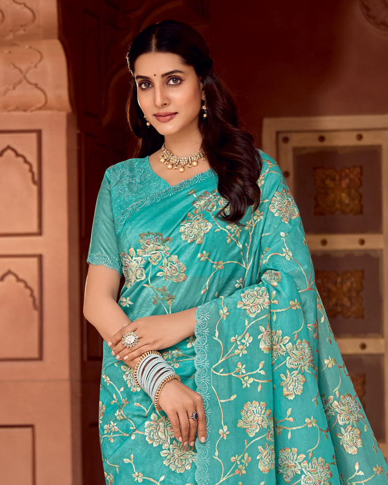 Vishal Prints Persian Green Designer Crushed Tissue Saree With Embroidery-Diamond Work And Fancy Cut Work Border