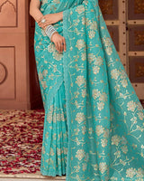Vishal Prints Persian Green Designer Crushed Tissue Saree With Embroidery-Diamond Work And Fancy Cut Work Border